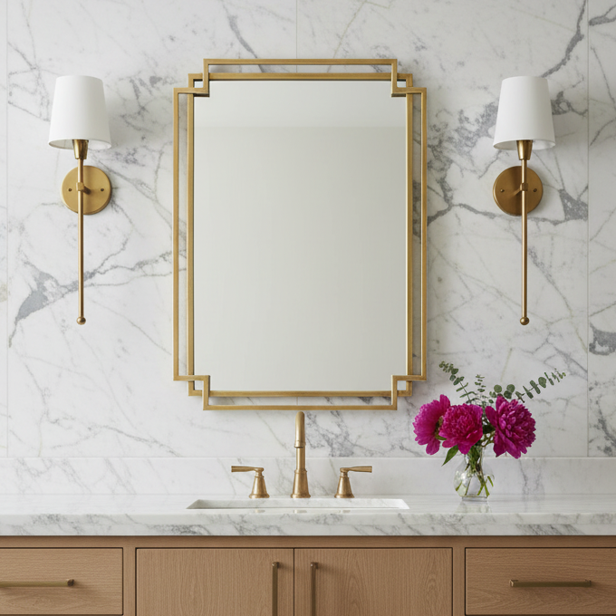 A rectangular wall mirror with a gold geometric frame hangs above a white marble sink and faucet in a bathroom. The wall behind is also white marble with gray veining, flanked by two gold sconces, and a vase of pink flowers sits on the counter below.