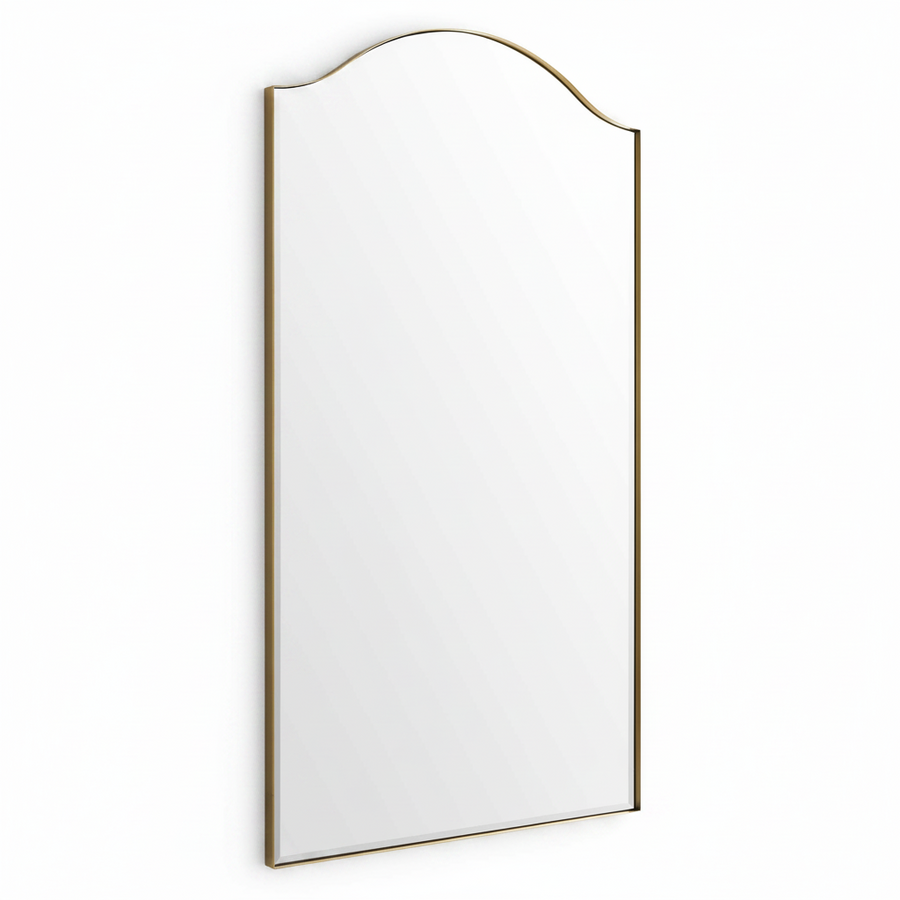 A tall rectangular wall mirror with an arched top and a thin gold-toned frame, shown against a plain white background.