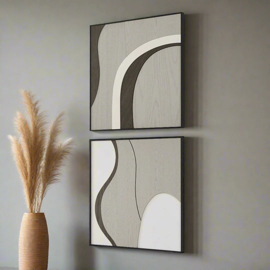 Two abstract wall art pieces with wavy lines