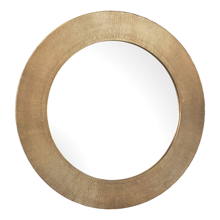 Round mirror with a textured gold frame on a white background