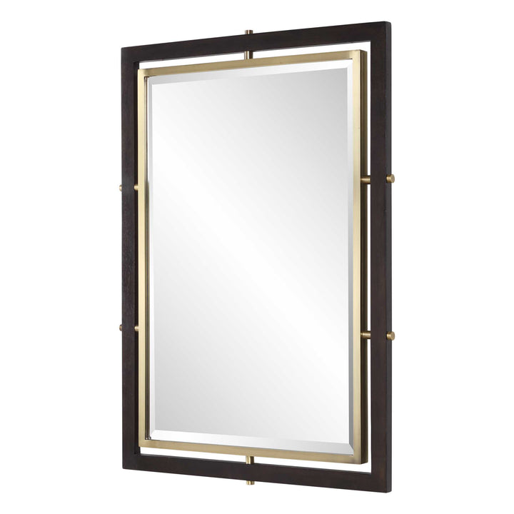 Rectangular vanity mirror with a dark wood and brass frame