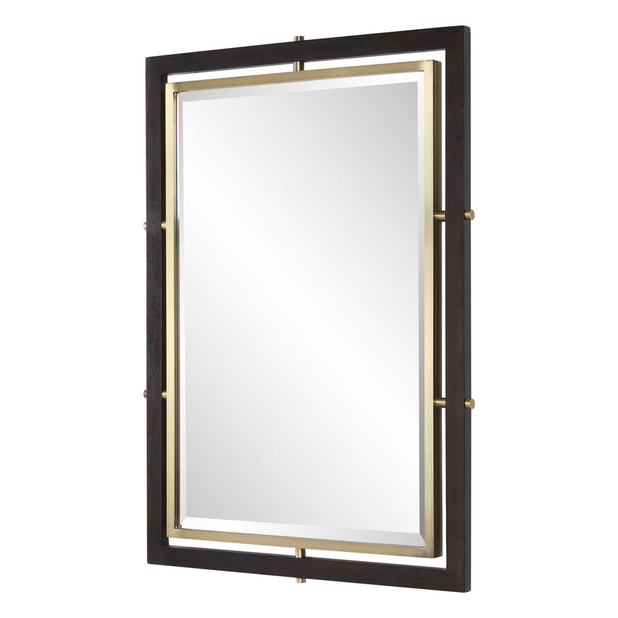 Rectangular vanity mirror with a dark wood and brass frame