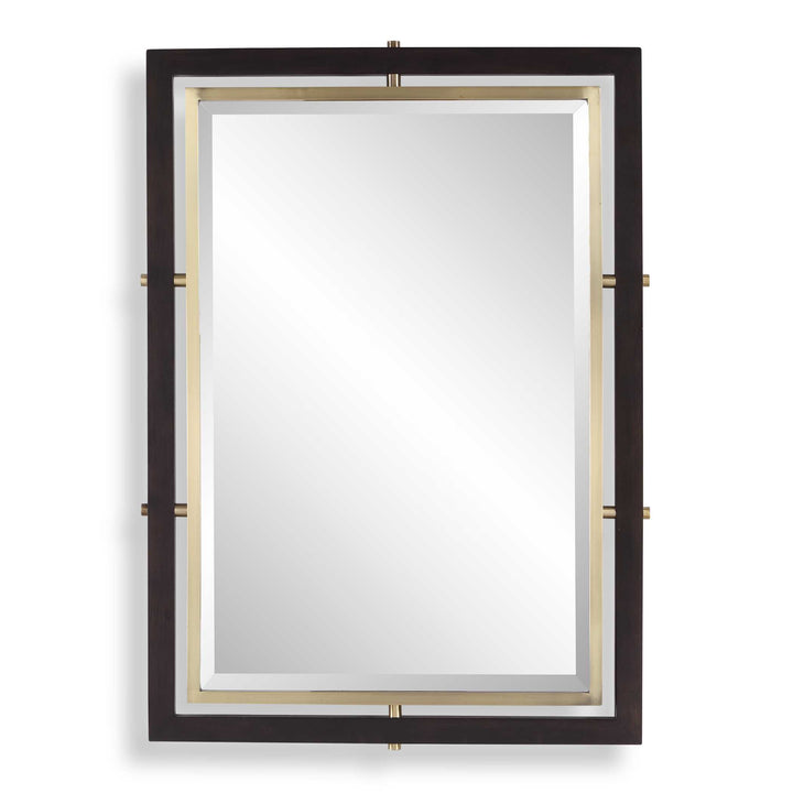 Rectangular mirror with a dark wood and brass frame