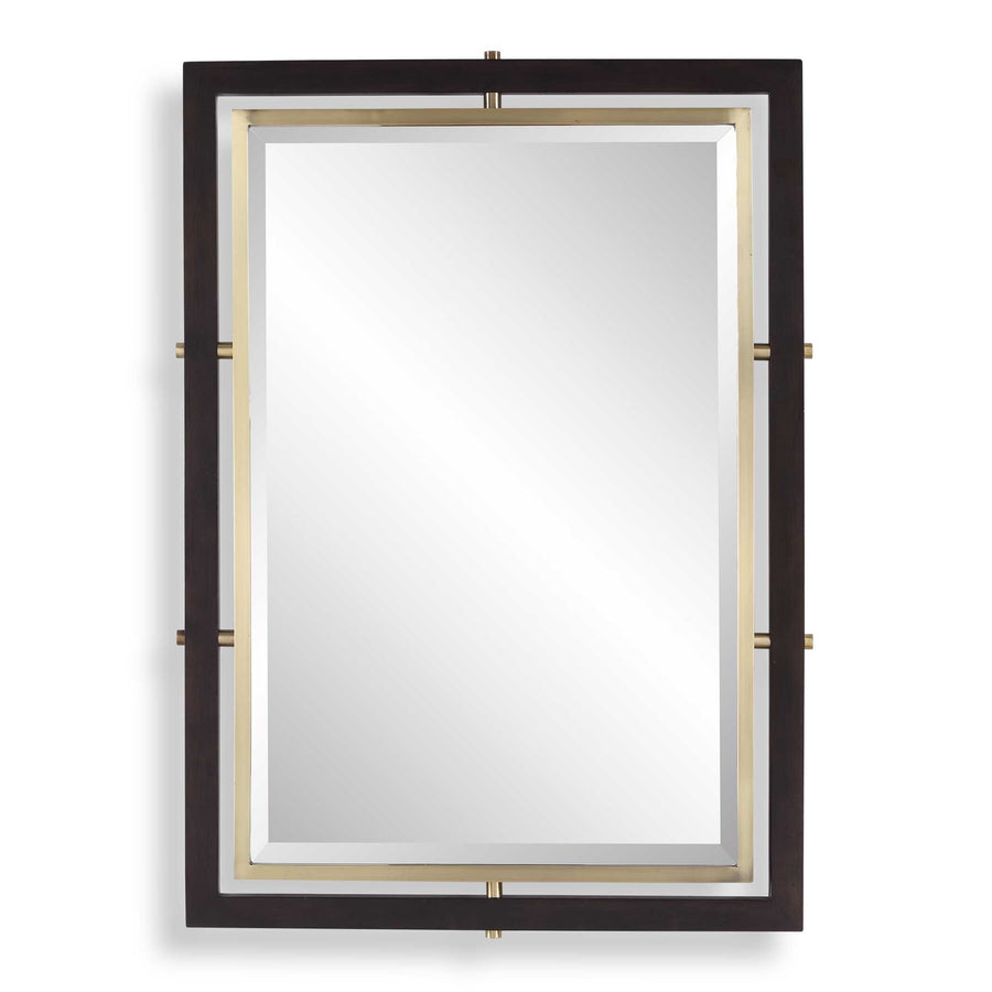 Rectangular mirror with a dark wood and brass frame