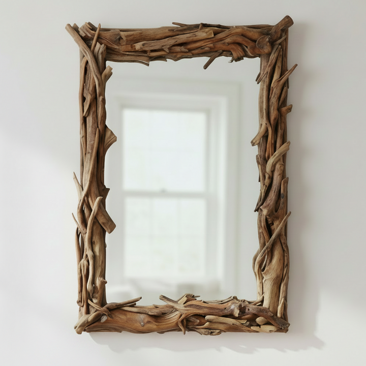 Driftwood mirror on a white wall