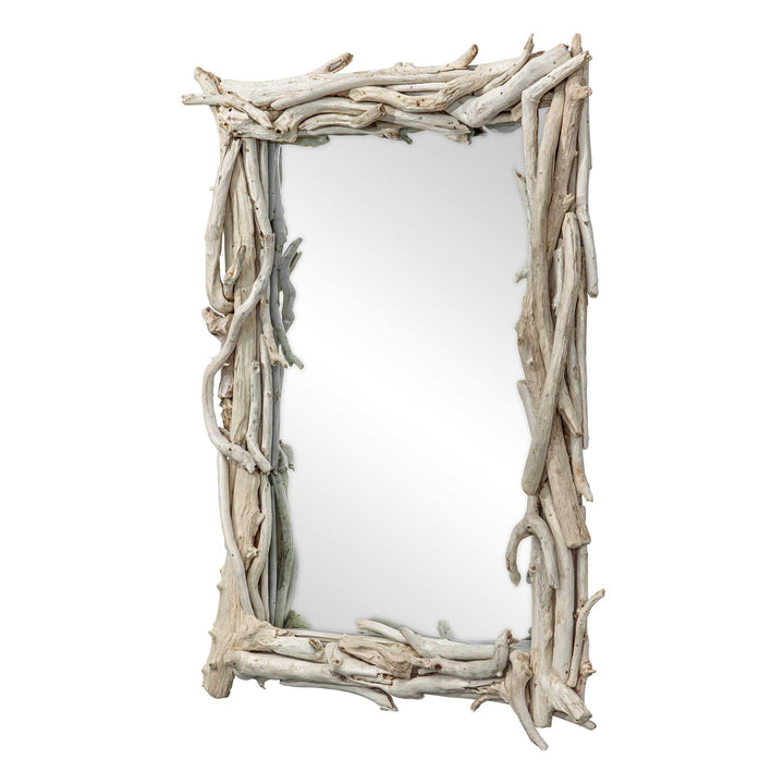 Rectangular mirror with a natural driftwood frame on a white wall