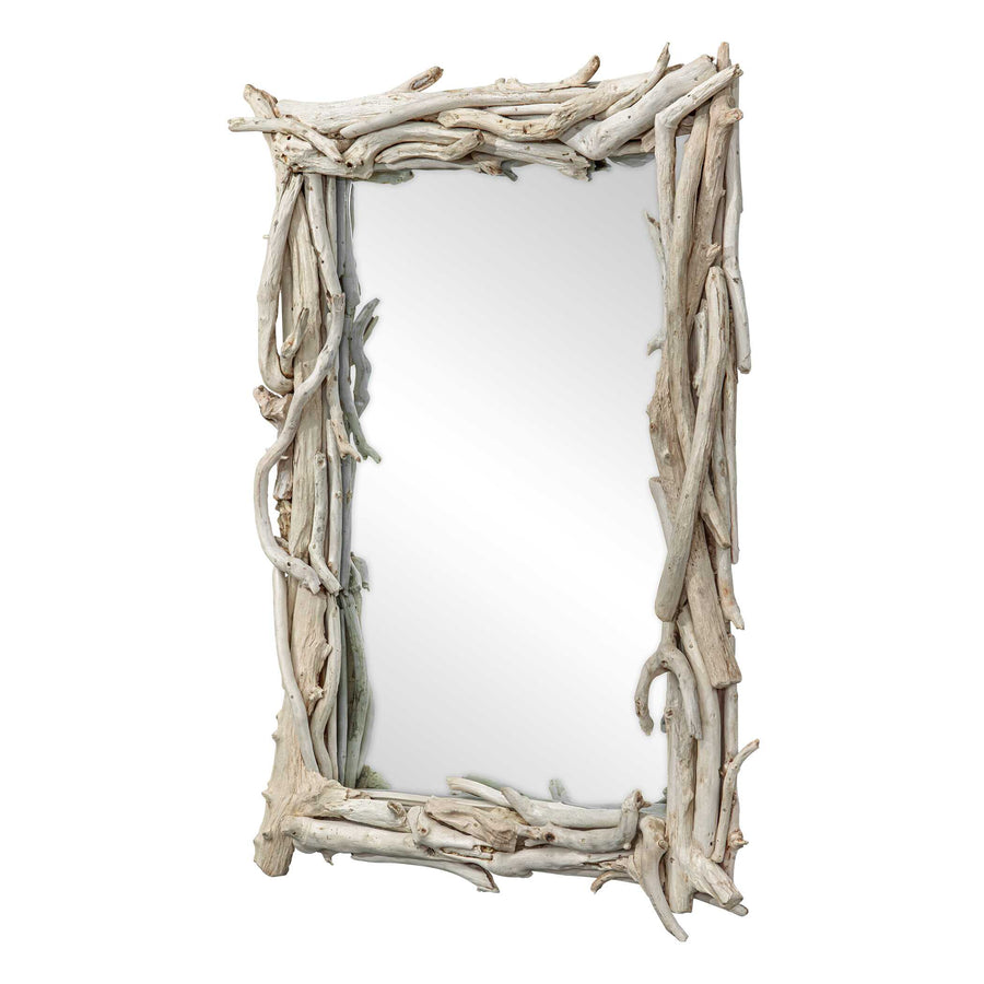 Rectangular mirror with a natural driftwood frame on a white wall