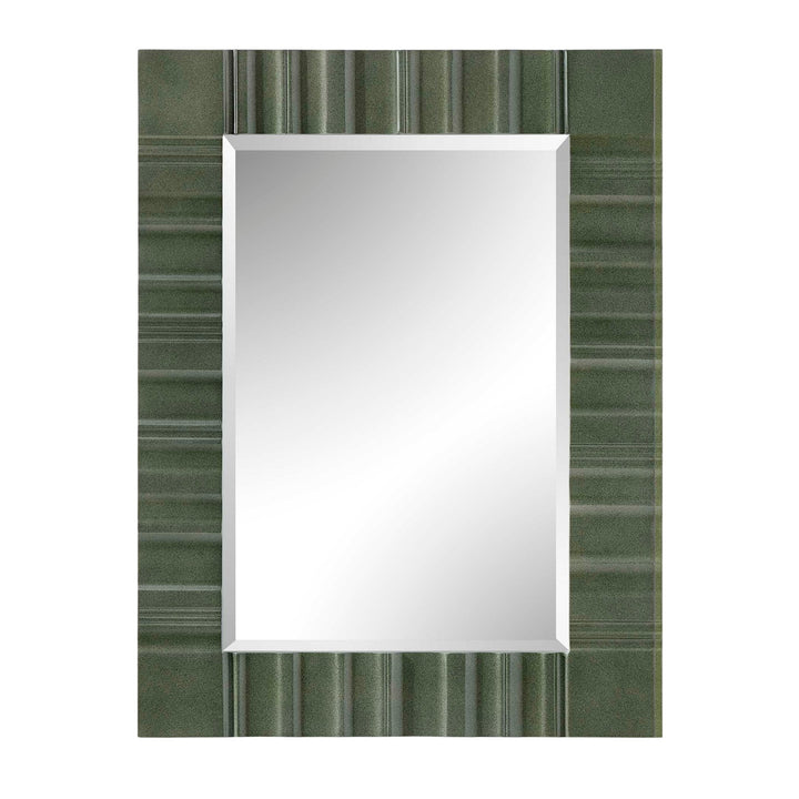 A rectangular wall mirror with a textured olive green frame featuring horizontal ribbed stripes