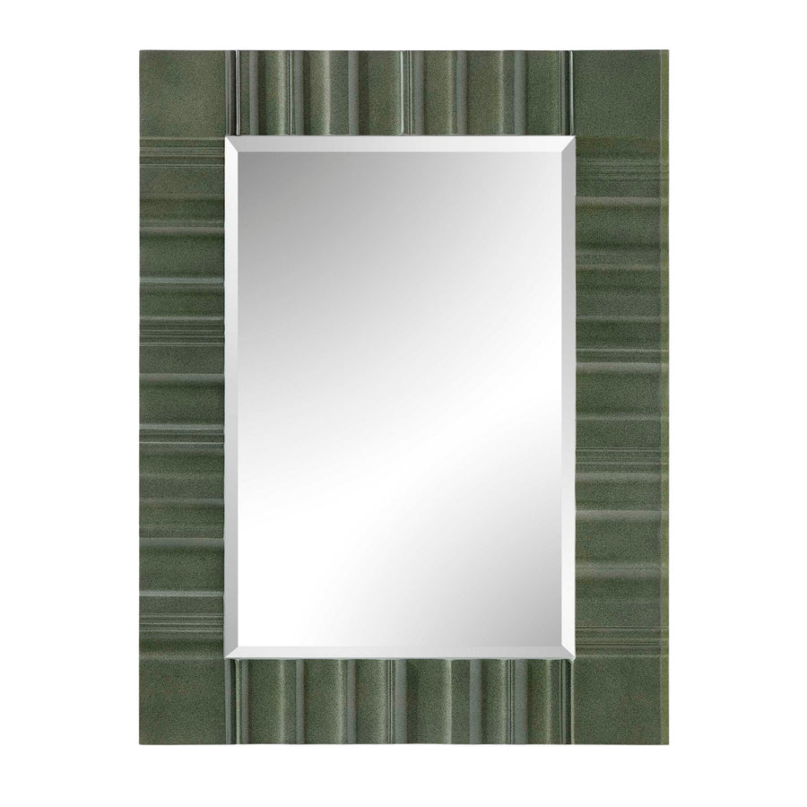 A rectangular wall mirror with a textured olive green frame featuring horizontal ribbed stripes