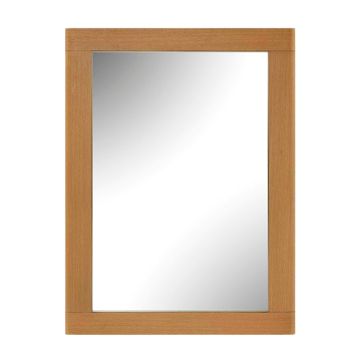 A rectangular wall mirror with a natural oak wood frame