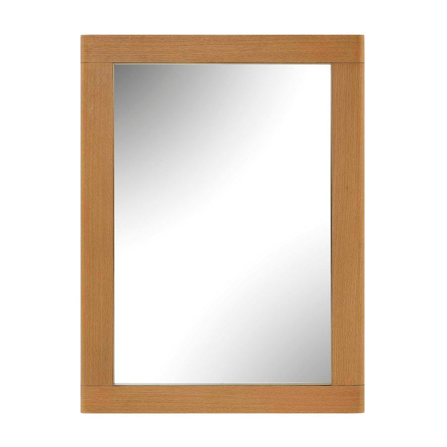 A rectangular wall mirror with a natural oak wood frame