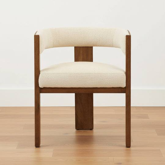 Chair with wooden frame and beige cushion