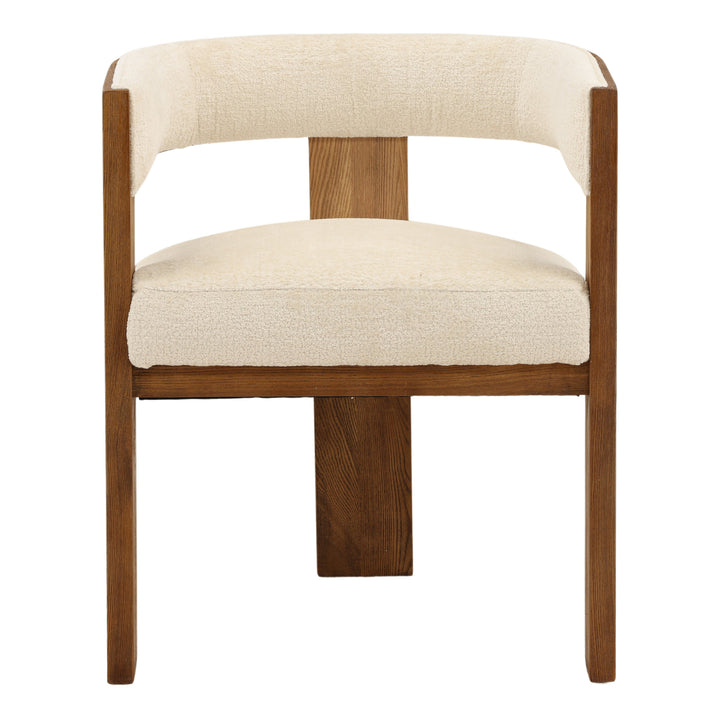 Chair with wooden frame and beige cushion on a white background