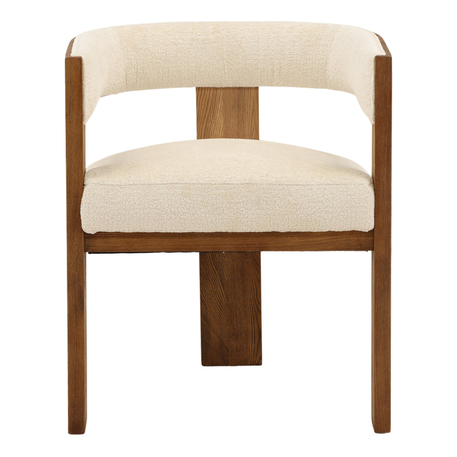 Chair with wooden frame and beige cushion on a white background