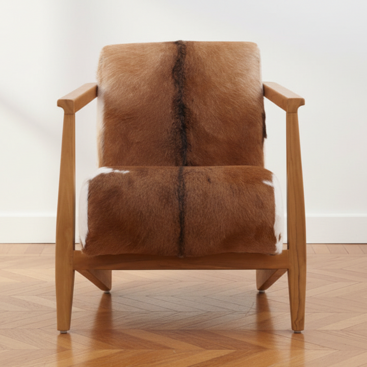 Wooden armchair with Brown and White Goat Hide upholstery