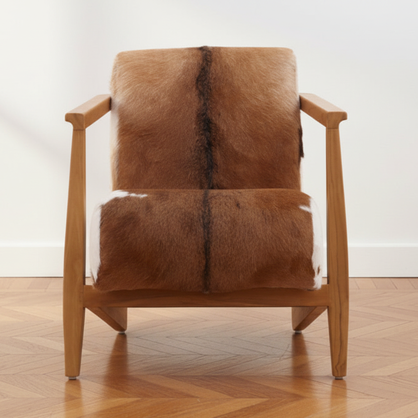 Wooden armchair with Brown and White Goat Hide upholstery