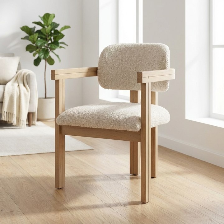 Beige armchair with wooden frame on a white studio background