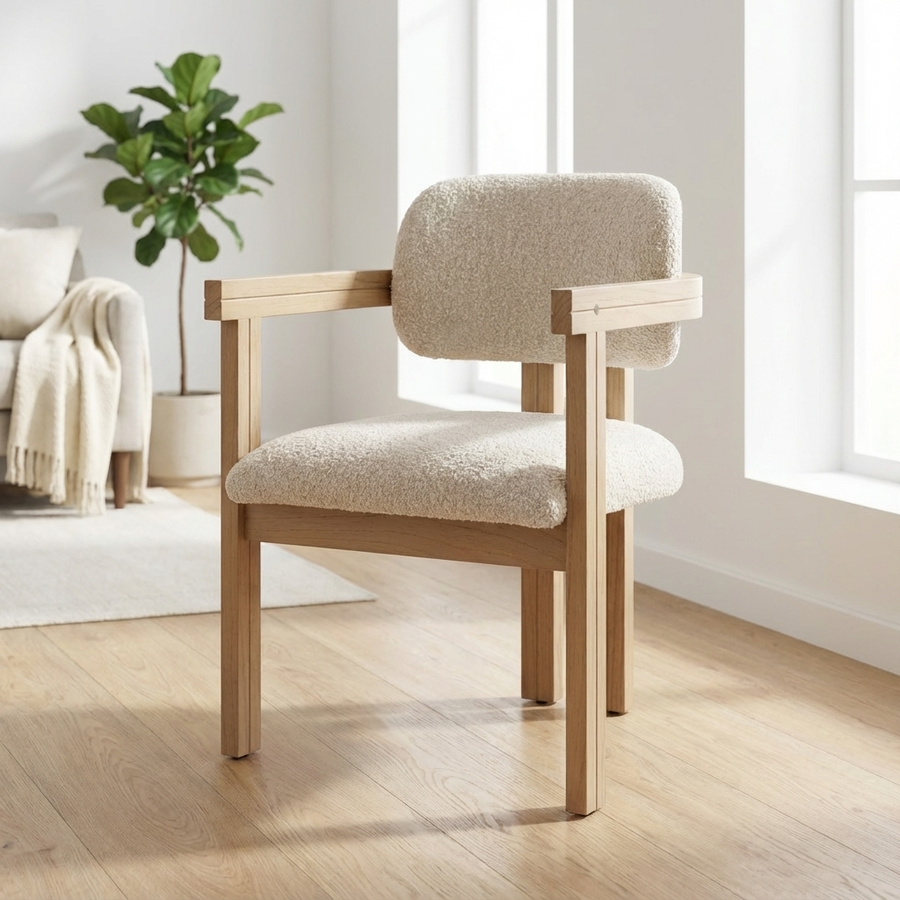 Beige armchair with wooden frame on a white studio background