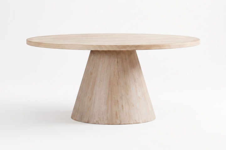 Wooden table with a cone-shaped base on a white background