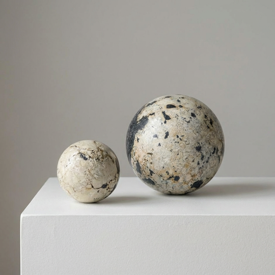 Two marble spheres on a white pedestal with a neutral background