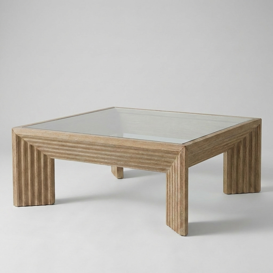 Square wooden coffee table with glass top on a light gray background