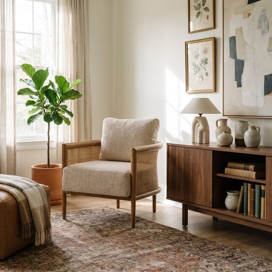 Odette Cane Paneled Accent Chair in a sunlit living room with a neutral rug, wood console, and indoor plant.