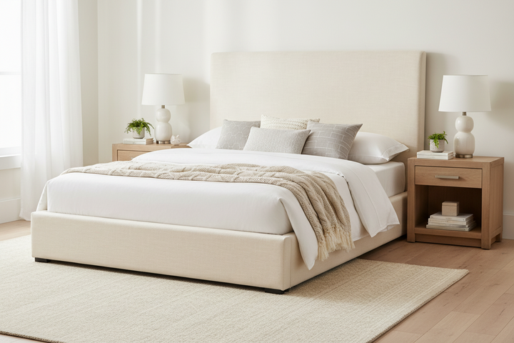 OFF-WHITE LINEN UPHOLSTERED BED