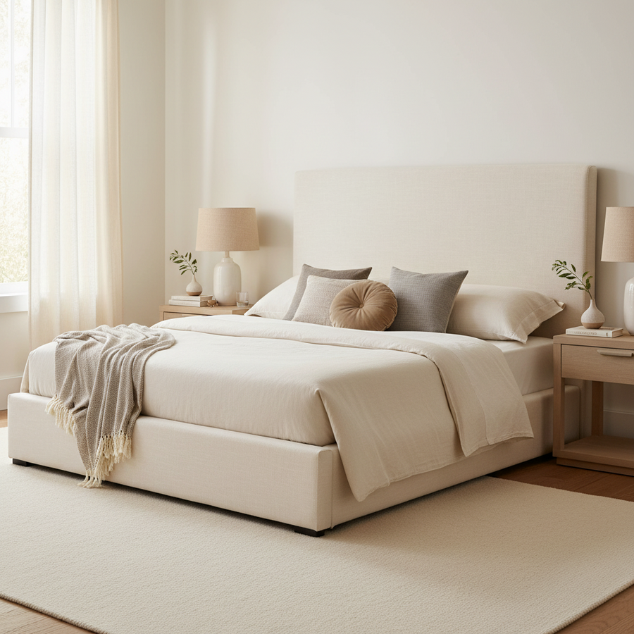 OFF-WHITE LINEN UPHOLSTERED BED