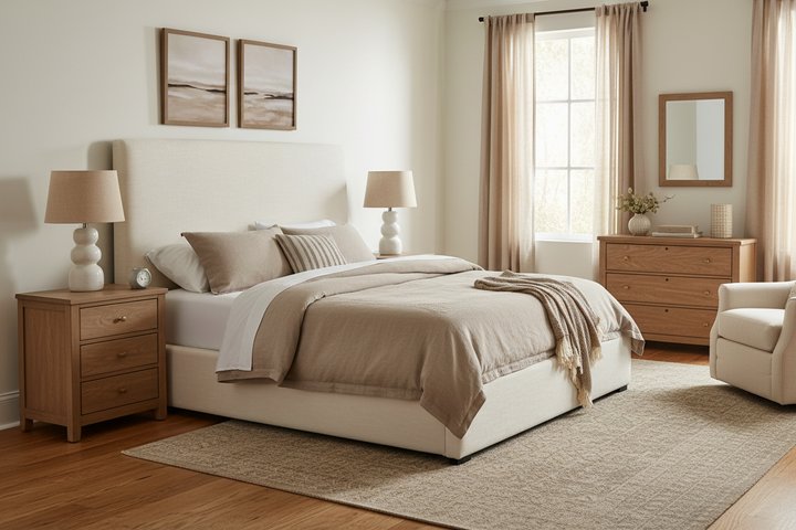 OFF-WHITE LINEN UPHOLSTERED BED