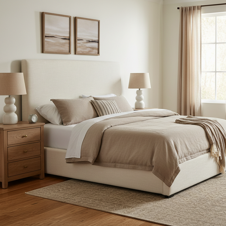 OFF-WHITE LINEN UPHOLSTERED BED