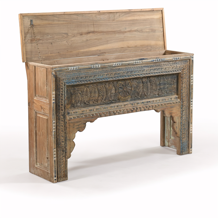 OLD TEAK HAND CARVED TRUNK CONSOLE