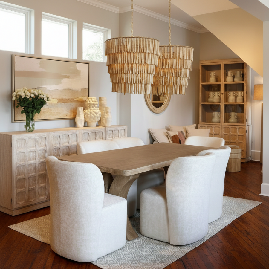 modern dining room, wooden table, white upholstered chairs, woven pendant lights, abstract wall art, glass-front cabinet, neutral tones, geometric rug, natural light, minimalist decor, elegant ambiance