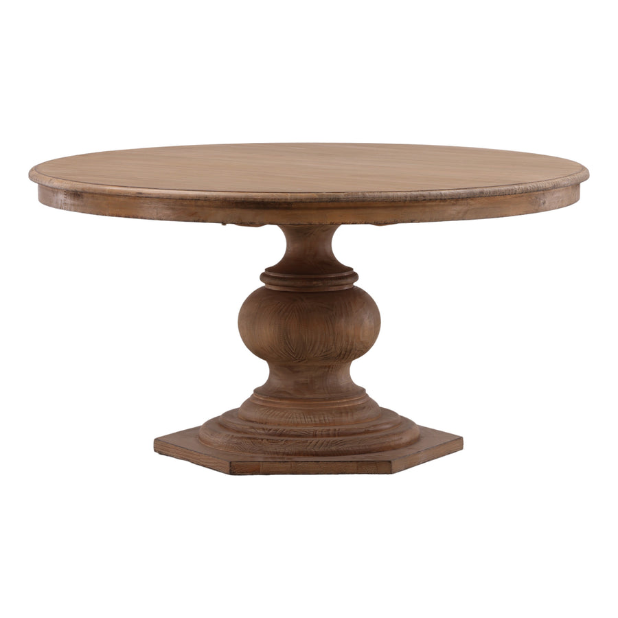 A rustic vintage round dining table made of reclaimed pine wood with a carved pedestal base and an antique finish.