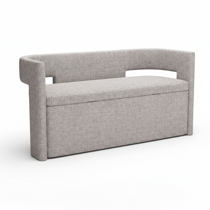 Gray upholstered bench with storage