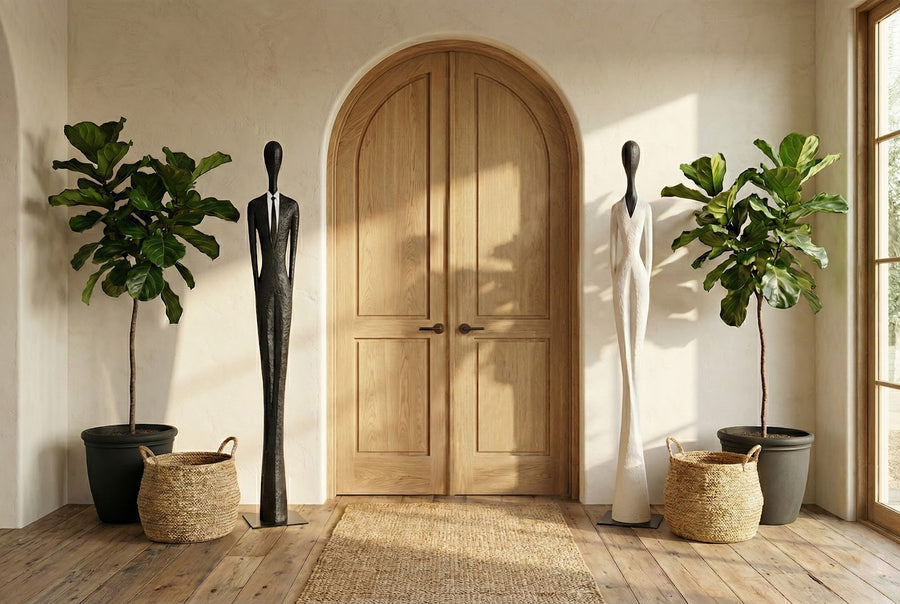 Wooden arched door with two mannequins and potted plants in a room with wooden flooring.