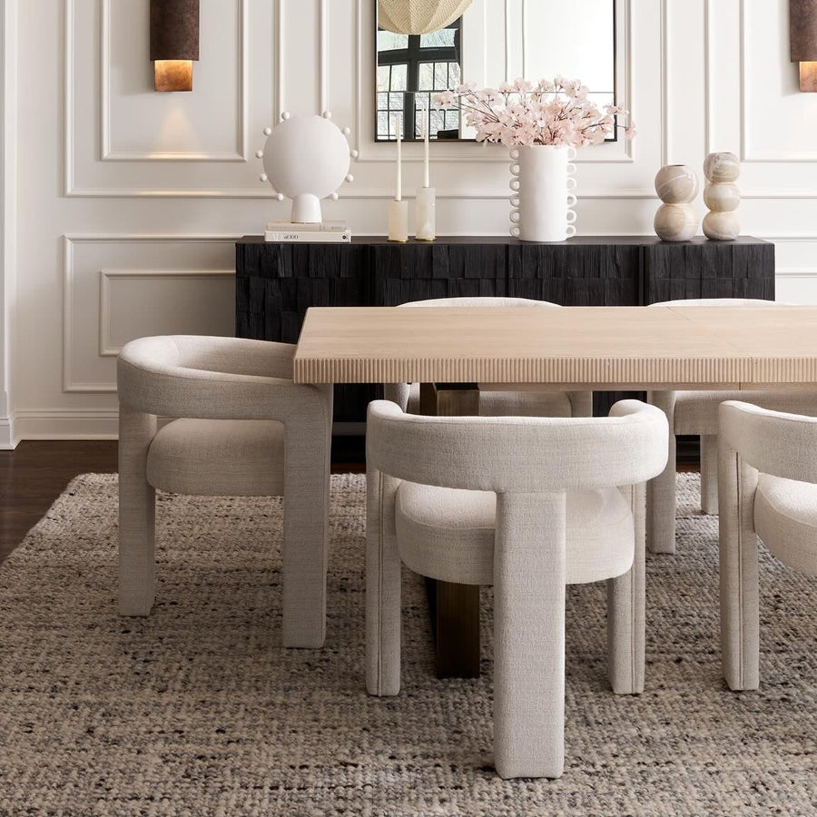 dining room, wooden table, upholstered chairs