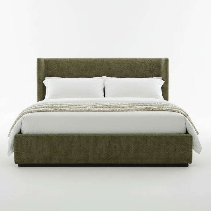 Bed with green frame and white bedding on a neutral background