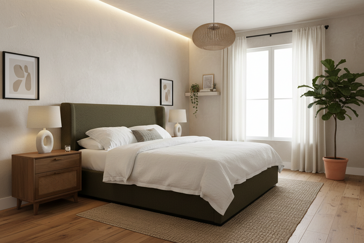 PRIYA OLIVE BOUCLÉ UPHOLSTERED BED
