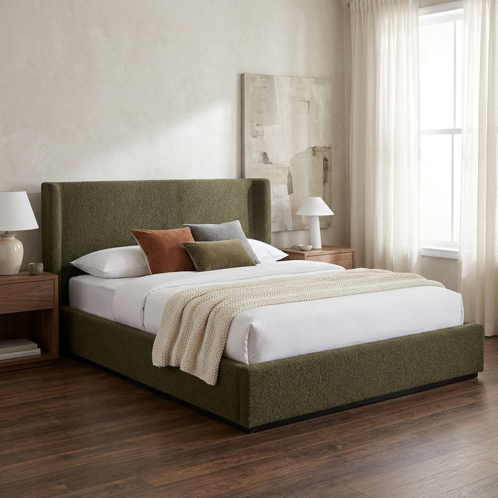 PRIYA OLIVE BOUCLÉ UPHOLSTERED BED