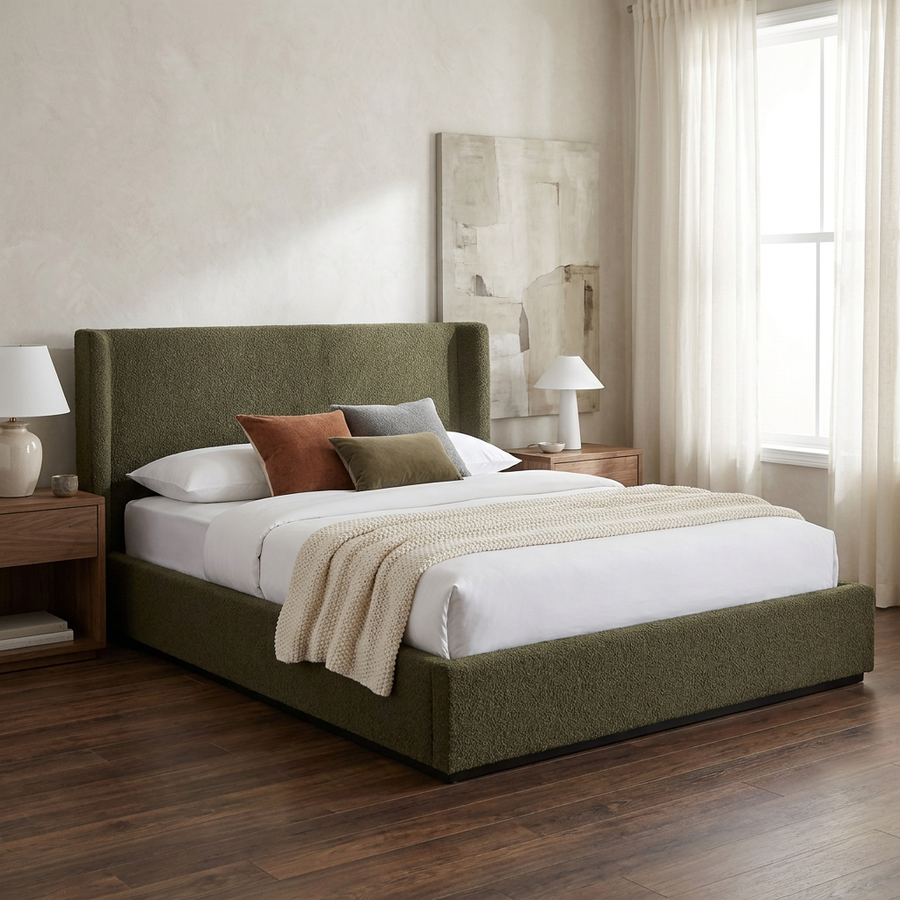 PRIYA OLIVE BOUCLÉ UPHOLSTERED BED