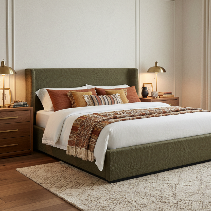 PRIYA OLIVE BOUCLÉ UPHOLSTERED BED