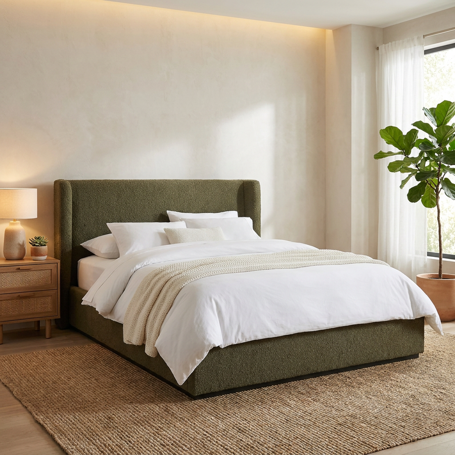PRIYA OLIVE BOUCLÉ UPHOLSTERED BED