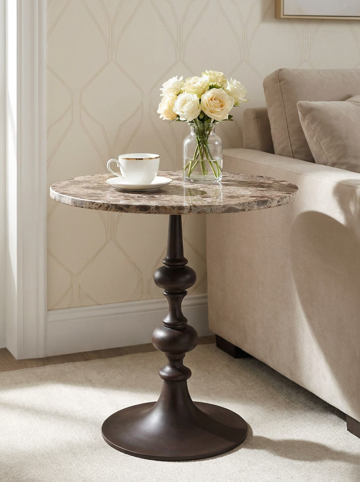 A round marble-top side table with a dark brown turned pedestal base, styled in a living room next to a beige sofa with a vase of white roses and a white teacup on top.