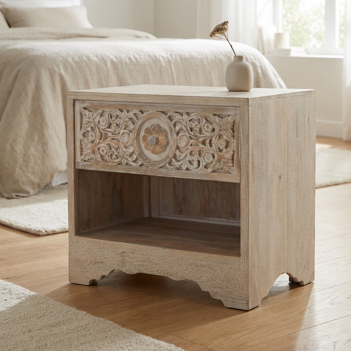HAVELI WHITEWASH CARVED WOOD NIGHTSTAND