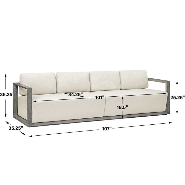 Measurement chart of a beige sofa with dimensions labeled on a white background
