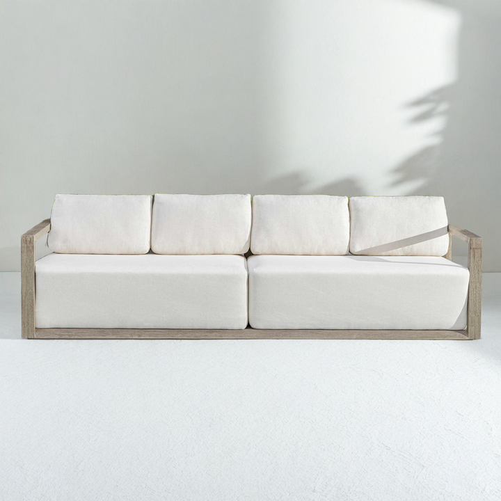 White sofa with wooden frame on a white background