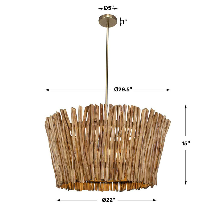 Wooden pendant light with dimensions on a white background