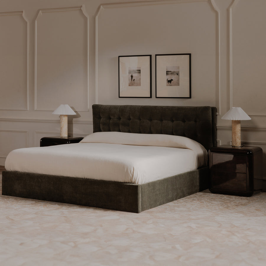 SEBASTIAN GREEN UPHOLSTERED STORAGE BED