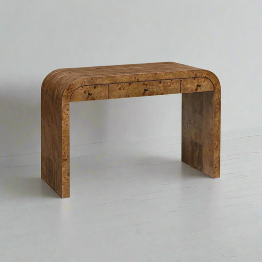 Wooden desk with a rustic finish on a white background
