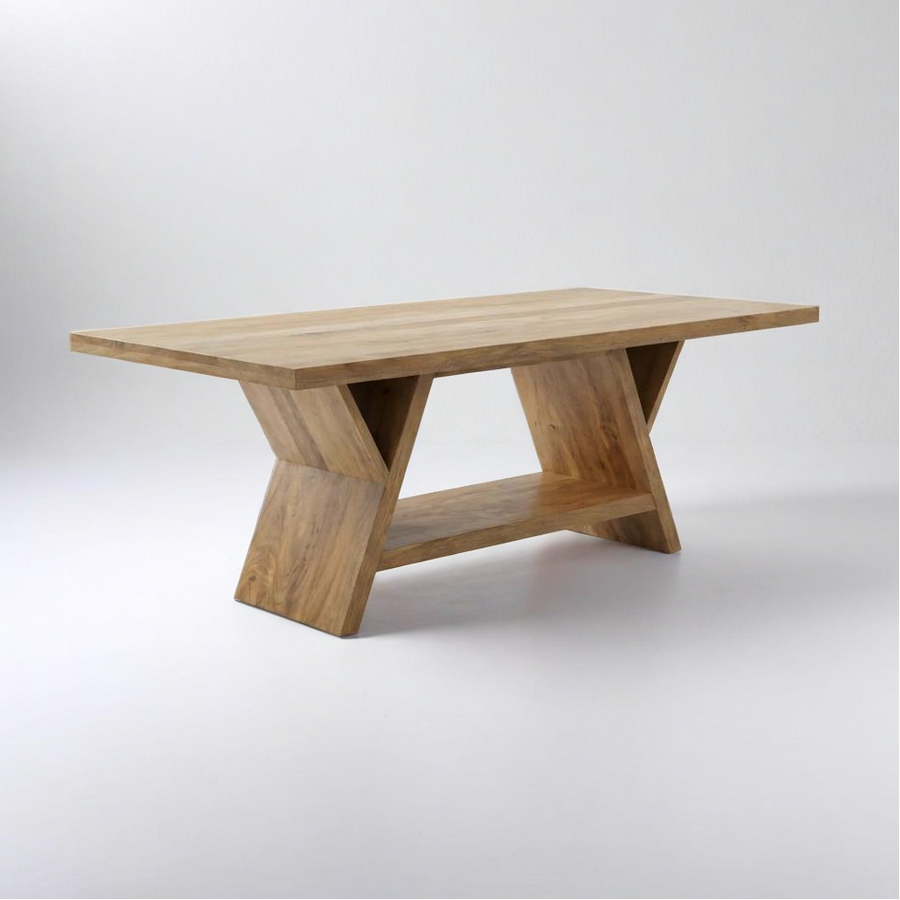 modern wooden dining table, geometric trestle base, natural wood grain, minimalist design, clean lines, light brown finish, white background, contemporary furniture, sturdy construction, open shelf storage